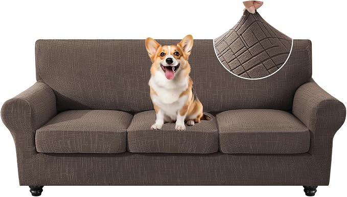 4 Piece Stretch Sofa Covers for 3 Cushion Couch, Non Slip Couch Covers for Sofa, Pet Couch Cover Washable, Couch Slipcover for Dogs, Kids (Light Brown), 91"-110" (3 Cushion XL Sofa) by CYCMACOHOME