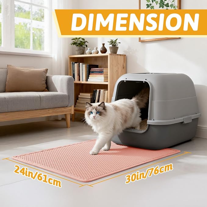 Pieviev Litter Mat, Double-Layer Waterproof Design, 30" x 24" Coral Red | Honeycomb Litter Trapping Mat Captures Scattered Particles to Stop Tracking, Waterproof Base Protects Floors, Easy to Clean - Image 2