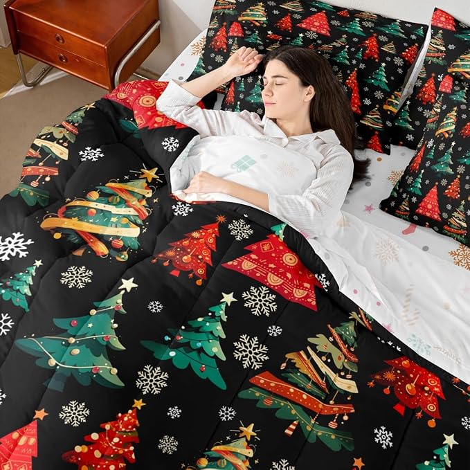 Erosebridal Black Christmas Bedding Set Twin Red Green Christmas Tree Comforter Set 7 Piece Xmas Forest Pine Trees Bed in A Bag Winter Xmas Snowflake Quilt with Flat Fitted Sheet Happy New Year - Image 2