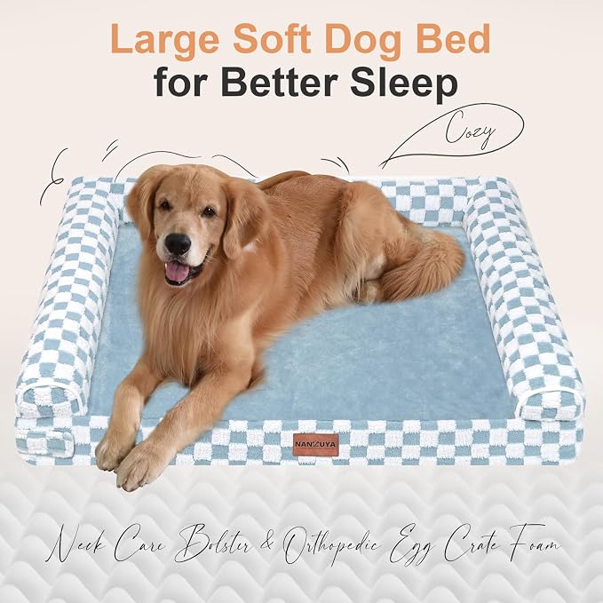 NANUYA Orthopedic Dog Bed for XX-Large Dogs, 44 x 34 Inch, Blue Grid | Egg crate foam for joint support, 3-sided bolster pet sofa, waterproof lining, washable cover, and non-skid base - Image 2