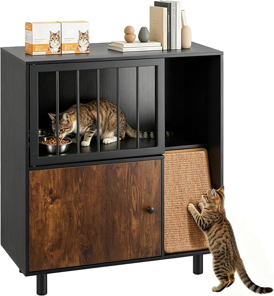 Dog Proof Cat Feeding Station with Storage Cabinet& 2 Stainless Steel Bowls, Elevated Cat Food Station with Scratching Board, Modern Wooden Cat House Furniture for Indoor Cats, Large Pet Cabinet by Unknown