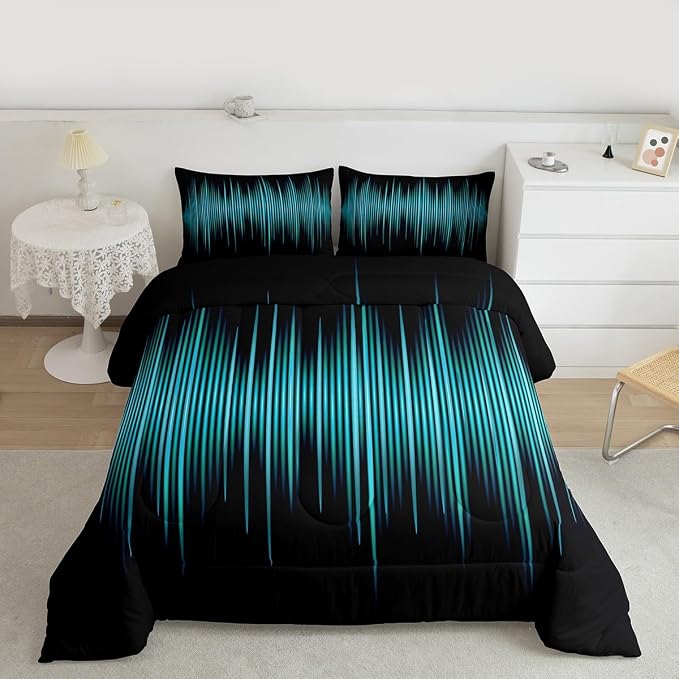 Geometric Abstract Kids Comforter Set Twin Size,Blue Gradient Striped Lines Bedding Set,Boys Girls Adults Bedroom Decor,Modern Fashion Down Comforter,Black Simple Duvet Insert,2pcs,1 Pillowcase - Image 4
