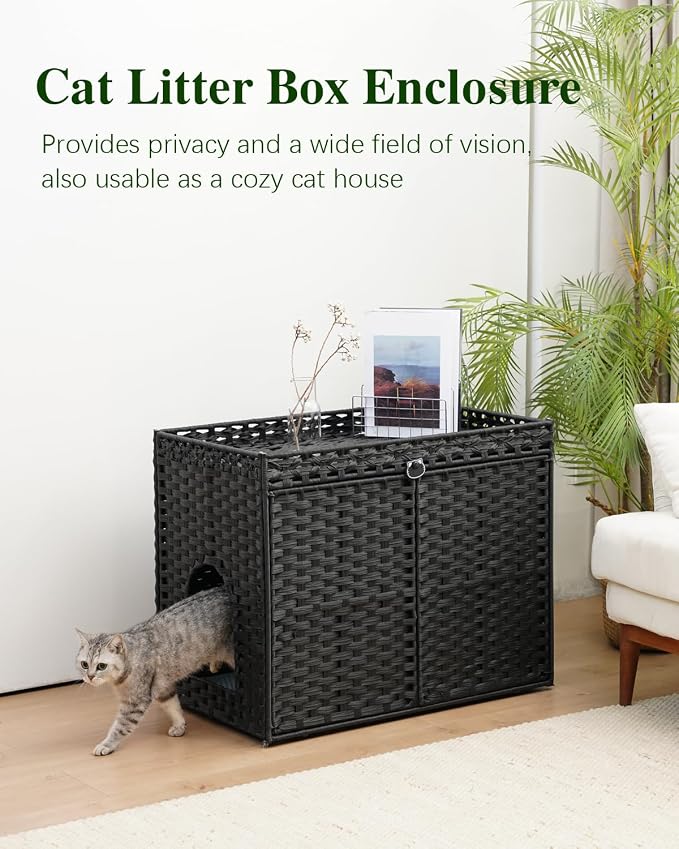 SETVSON Cat Litter Box Enclosure Furniture, Hidden Litter Box, Cat Litter Box Cabinet with 2 Litter Mats, Handwoven Rattan Large Space Cat House, Indoor for Living Room, Bedroom, Apartment Black - Image 6