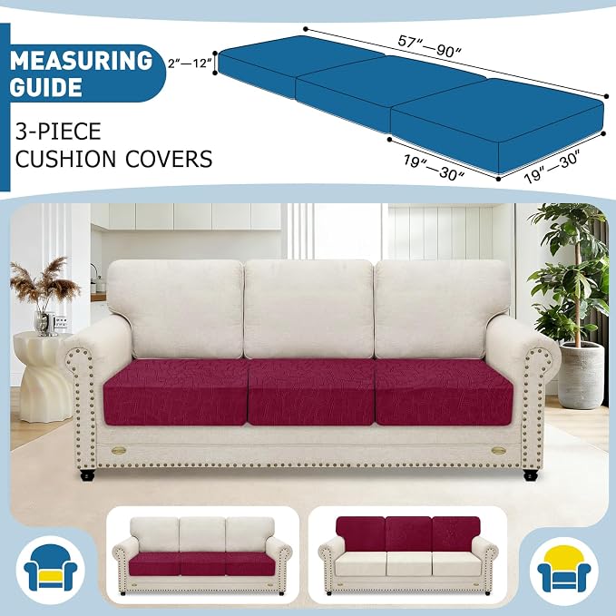 MAXIJIN Waterproof Couch Cushion Covers Individual Sofa Seat Cushion Cover Stretch Sectional Sofa Slipcovers with Elastic Bottom for Dogs Pets (3 Pieces for Seat or Backrest, Wine Red) - Image 2