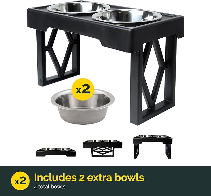 Pet Zone Designer Diner Elevated Stainless Steel Dog Bowls Set, 3 Heights | Raised stand adjusts 2.75, 8 and 12 inches, suits small, medium and large breeds, food and water dishes included in bundle - Image 2