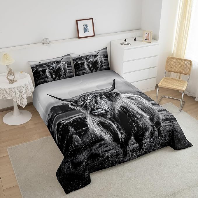 Highland Cow Bedding Set King Size Grey Bull Cattle Comforter Set Funny Farmhouse Wildlife Animal Duvet Set for Kids Boys Girls Teens Western Cowboy Style Down Comforter Adult Bedroom Decor - Image 4