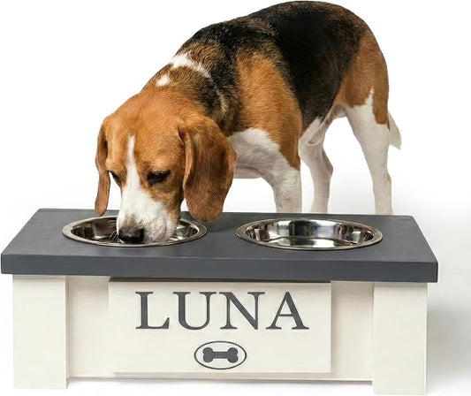 Elevated Dog Bowls for Small Dogs, Personalized Food Stand for Toy Breed | Farmhouse Style, Elevated Wood Stand, Storage Container, Stainless Steel Bowls, Raised Anti-Slip Feeder, Made in USA by GrooveThisWoodshop
