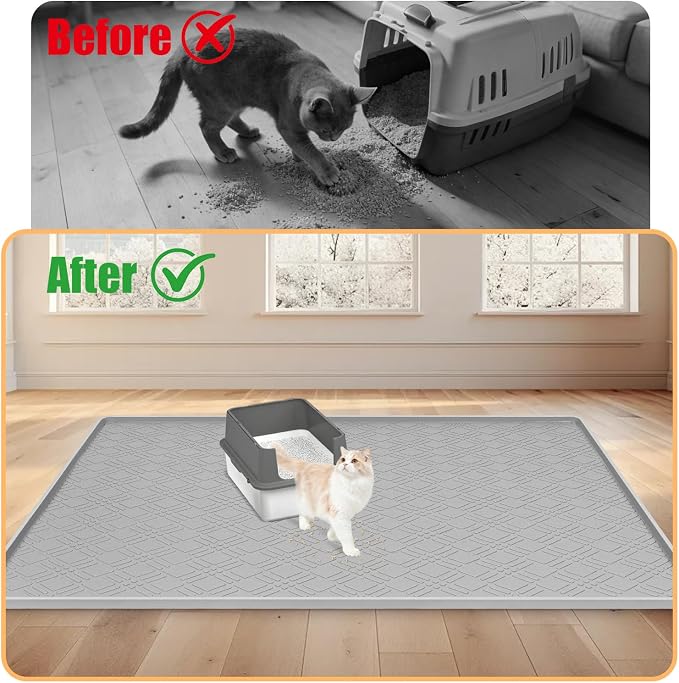 Silicone Cat Litter Mat 42" x 29" Cat Mat for Litter Box, Light Grey | Extra Large Cat Litter Trapping Mat for Floor, Waterproof, Non-Slip Kitty Litter Box Mat with Raised Edge, Easy to Clean - Image 4