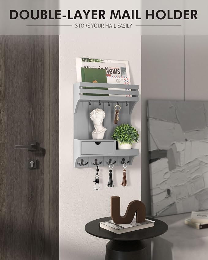 Rebee Vision Key Holder Wall Mount with Drawer & Shelf for Entryway, Gray | Key Holder for Wall, 9 Key Hooks, Floating Shelf, Drawer Organizer, Mail Organizer, Trendy Home Decor, Room Decor Aesthetic - Image 2