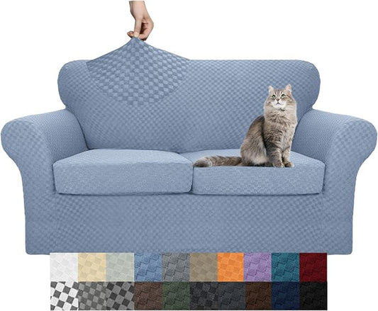 YEMYHOM Latest Checkered 3 Pieces Couch Covers for 2 Cushion Couch High Stretch Thickened Love Seat Sofa Cover for Dogs Pets Elastic Loveseat Slipcover Protector (Light Blue), 55"-69"(2 Cushions) by YEMYHOM