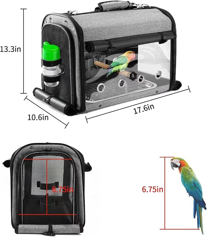 Bird Carrier Bag with Stand, Lightweight Backpack for Parrot, Portable Cockatiel Travel Cage with Accessories, Pet Transparent Breathable Carrier, Gray - Image 2