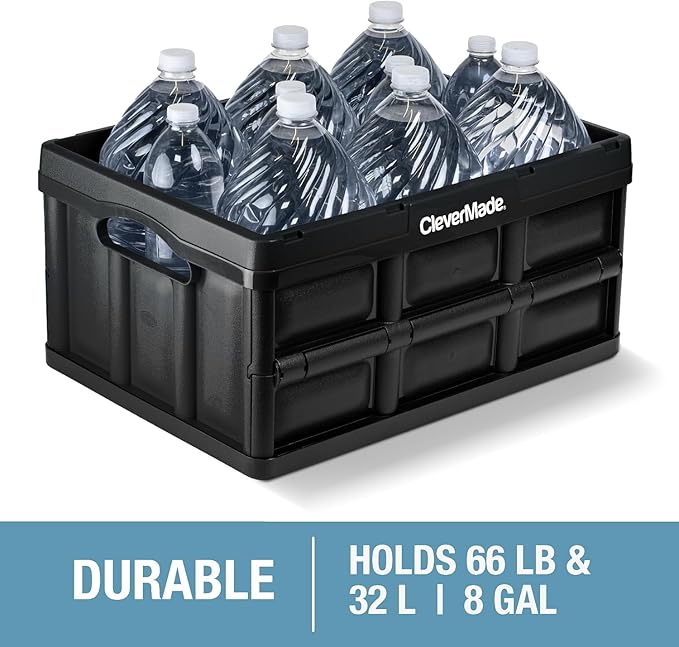 CleverMade Collapsible Storage Bins, 32L 3 Pack, Durable Plastic, Stone | Reinforced plastic handles groceries, tools, and sports gear. Interlocking bins stack open and nest compactly when folded. - Image 5