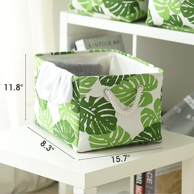 Storage Cubes, Storage Bins Baskets for Organizing 4 Pack for Organizing Toys, Clothes, Closet Baskets with Rope Handles for Nursery Home(White and Green,15.7"L×11.8"W×8.2"H) - Image 2