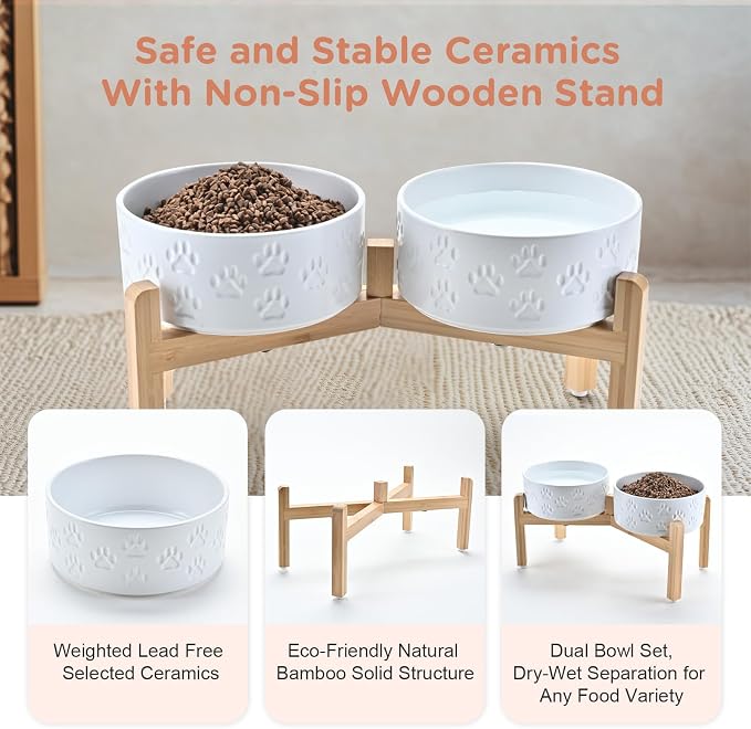 SPUNKYJUNKY Elevated Dog Bowls Ceramic, 7.3'' Dogs Food Water Bowls Raised with Non-Slip Bamboo Stand for Medium to Large Sized Breed Microwave Dishwasher Safe - 42 OZ,Paw White - Image 6