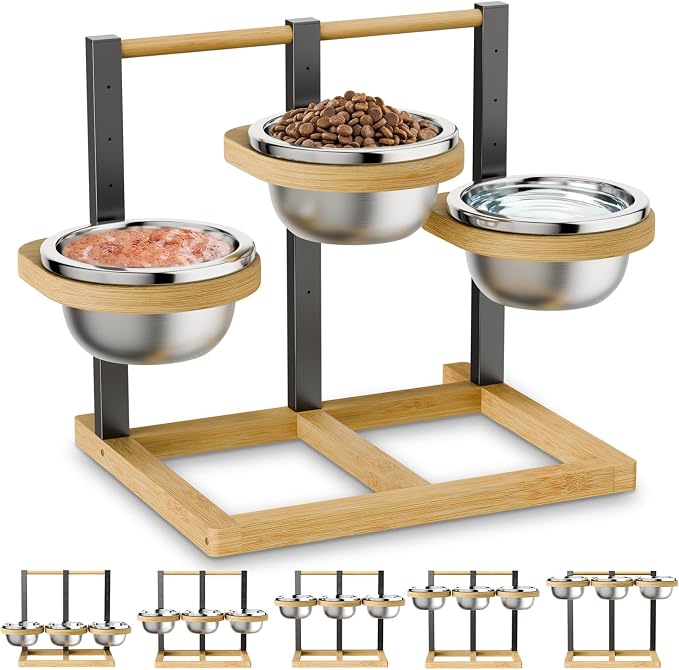 Elevated Dog Bowl,Bamboo Raised Dog Bowl,5-Height | Adjustable Dogs Food Bowls Stand,Dog Feeding Station with 3 Food and Water Bowls for Medium,Large Dogs by handrong