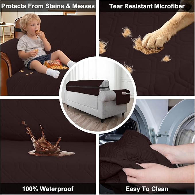 100% Waterproof Quilted Couch Cover,Straps&Pockets,68" Chocolate | Washable sofa cover, pet-friendly, scratch-resistant furniture protector, quilted sofa cover, reversible, non-slip backing. - Image 3