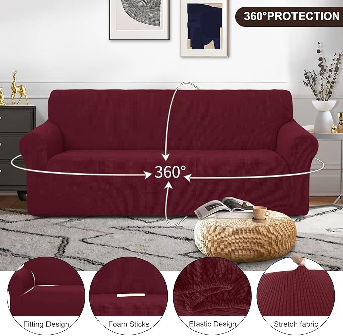 U-NICE HOME Stretch Couch Cover Slipcover for 3 Cushion Sofa, Burgundy | 1-Piece Sofa cover, Washable, Pet friendly, Furniture protector, Polyester Spandex Jacquard fabric - Image 3