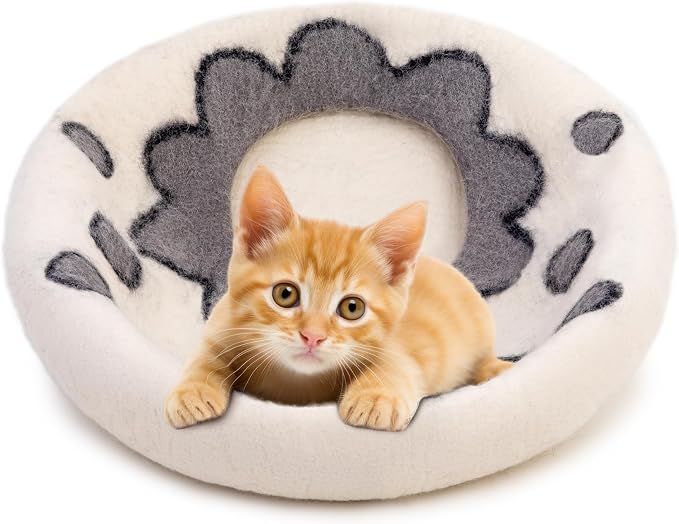 Woolygon Premium Felt Cat Cave Bed – Wool Kitty Beds Handcrafted Kitten Caves Bed for Indoor Cats - Made from Merino Wool, Foldable Cat Hideaway Covered Cat House Pod (White Flower) - Image 3