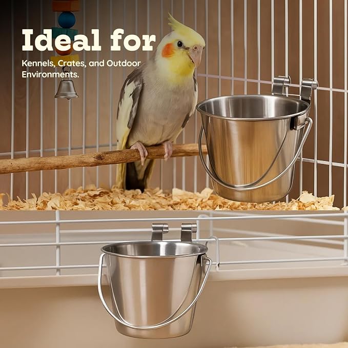1 Quart Stainless Steel Flat Sided Bucket with Dual Hooks | 2 Pcs Durable Food & Water Bowl for Dog Cats Bird & Small Animals | Fits kennel Cage Crates Hanging Pet Pail | Multipurpose use - Image 5