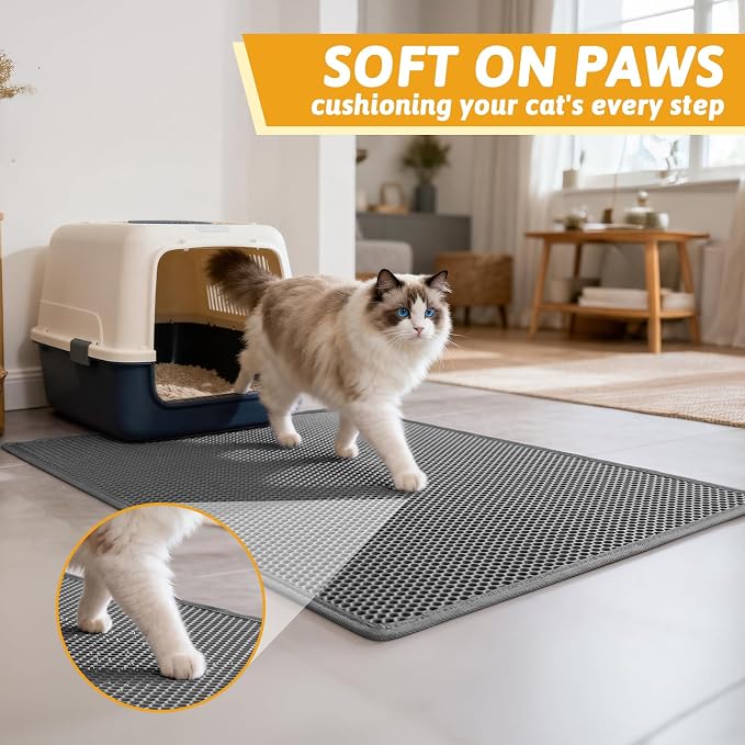 Pieviev Cat Litter Mat, Double-Layer Waterproof Litter Trap, 36" x 30" Gray | Honeycomb Design Catches Scattered Particles to Stop Tracking, Urineproof Base Protects Floors, Easy to Clean - Image 4