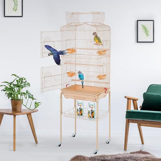 BestPet 64 inch Wrought Iron Bird Cage for Parakeets Medium Small Parrots Parakeet Cage with Detachable Rolling Stand & Play Open Top for Cockatiels Lovebird Finches Canaries (Almond) - Image 2