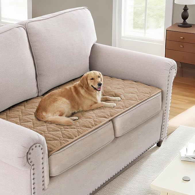 H.VERSAILTEX Couch Cover Chenille Pet Fuzzy Sofa Covers for 2 Cushion Couch Anti Slip Washable Sofa Slipcovers with Strap Soft Couch Protector Cover for Dogs Cats Kids(27.6" x 59",Khaki) by HVERSAILTEX
