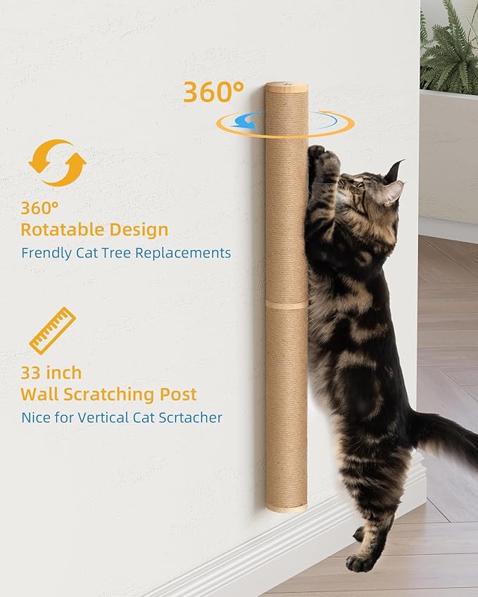 Aechonow 34" Cat Scratching Post, Wood Wall Mounted Cat Scratcher for Cats | Cat Wall Scratcher,Cat Wall Furniture for Indoor Cats,Cat Wall Wood Climber, Natural Sisal,Tall & Sturdy Corner Climbing Pole - Image 4