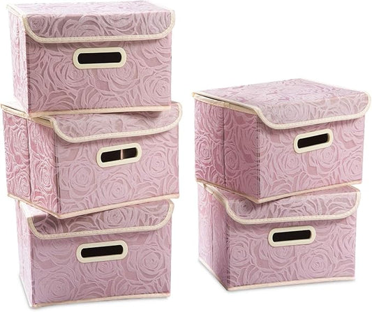 PRANDOM Foldable Storage Boxes with Lids [5-Pack] Fabric Decorative Storage Bins Cubes Organizer Containers Baskets with Cover Handles Divider for Bedroom Closet Living Room Pink 9.8x7.9x6.7 Inch by Prandom