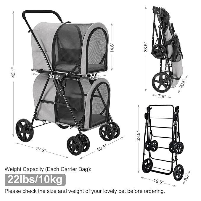 Double Pet Stroller for Dogs and Cats with 2 Detachable Carrier, Quick-Folding Dog Stroller for Medium Small Dogs Cats, 4 Wheels, Light Gray