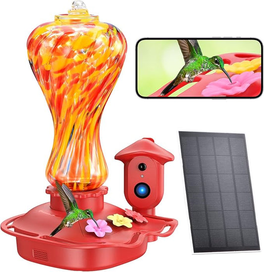 Smart Glass Hummingbird Feeder with Camera, Solar Powered 2K HD Hummingbird Feeders for Outdoors Hanging, AI Identifies & Auto Recording, Leak-Proof Ant & Bee Proof, Ideal Gift for Bird Lovers