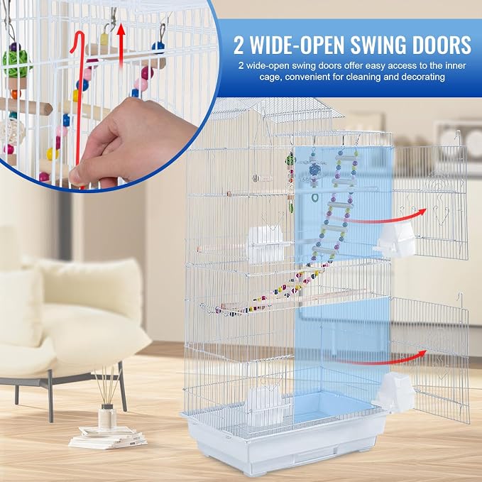 FDW 39 Inch Bird Cage Parakeet Cage with Play Top Rolling Stand & Easy Clean Pull-Out Tray Roof Top Parrot Cage for for Finches Canaries Parakeets Cockatiels & Other Small Birds, White - Image 2
