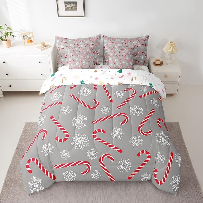 Erosebridal Xmas Candy Cane Twin Bedding Set 7 Piece,Merry Christmas Bed in A Bag for Kids Boys Girls,Winter Snowflake Comforter Set Grey Christmas Ornaments Sheet Set with Comforter - Image 3