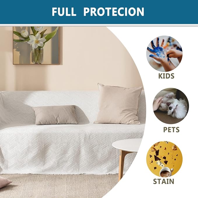 Homcosan Sofa Slipcovers Towel Cover Cotton Knit Geometrical Couch Cover for 4 Seat Cushion Couch Furniture Pet Protector Stylish Throws for Sectional Couch(White, Sofa-4 Seater) - Image 3