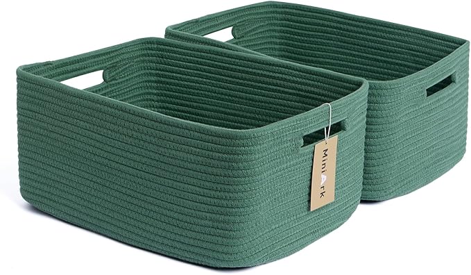 MiniArk Large Storage Baskets for Shelves, 17 x 13 x 7.5” Closet Organizers Bins for Clothes Blanket Towels, Baby Nursery, Toy Baskets Box, Woven Rope Baskets, 2 Packs Green by MiniArkStorageBasketsHome