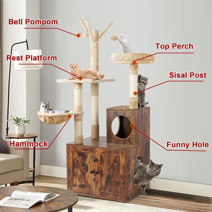 Timberer Cat Tree Tower with Litter Box Enclosure, 2-in-1 Wooden Cat Condo with Sisal Scratching Post, Hammock, Brown - Image 2