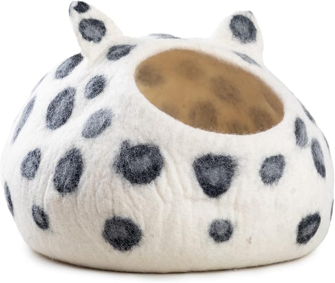 Wool Cat Cave Bed - Extra Warm, Handcrafted, Eco-Friendly Felt Cat Cave for Indoor Cats and Kittens (White Polka) by Woolygon - Image 5