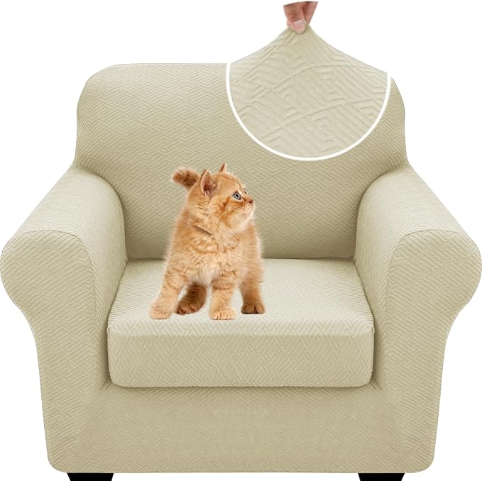 XINEAGE New 2 Pieces Chair Covers with Arms Super Stretch Chair Slipcover for Living Room Pet Dog Universal Slip Cover Anti Slip Armchair Furniture Protector (Light Beige), 31"-46"(1 Cushion) by XINEAGE
