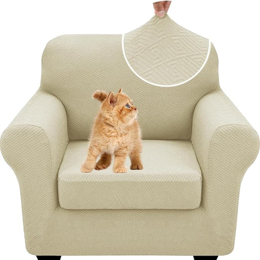 XINEAGE New 2 Pieces Chair Covers with Arms Super Stretch Chair Slipcover for Living Room Pet Dog Universal Slip Cover Anti Slip Armchair Furniture Protector (Light Beige), 31"-46"(1 Cushion) by XINEAGE