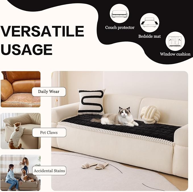 DREAMINGO Pet Couch Covers for Sofa Non Slip Fuzzy Dog Sofa Covers Washable Geometric Jacquard Couch Cushion Protector Black Pet Bed Mat 27.6x70.9 Inch - Image 5