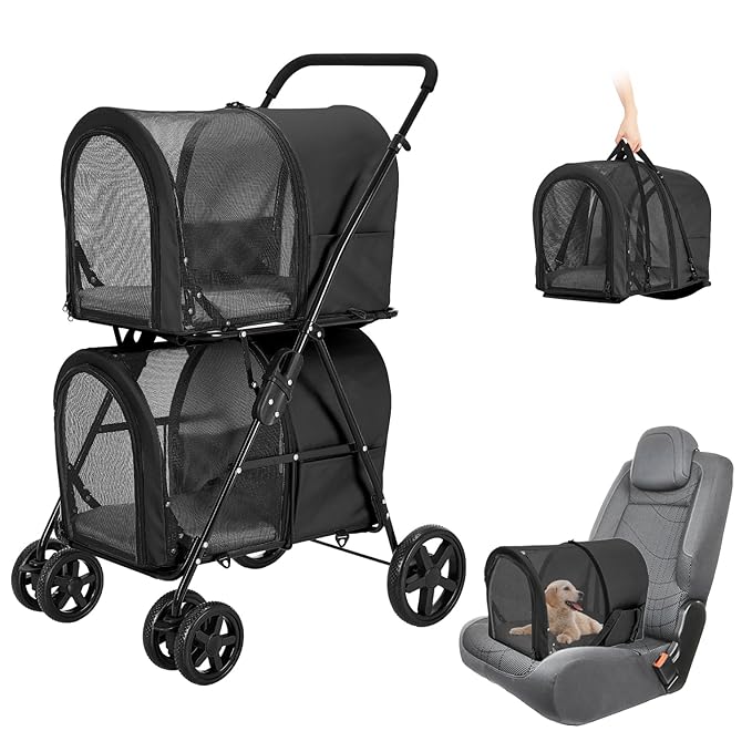 Double Pet Stroller for Dogs and Cats with 2 Detachable Carrier, Quick-Folding Dog Stroller for Medium Small Dogs Cats, 4 Wheels, Black