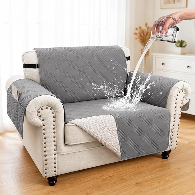 100% Waterproof Couch Cover for Dogs, Anti-Slip Washable Sofa Cover with Elastic Straps & Side Pockets, Durable Furniture Protector for Kids, Pets & Dogs (Armchair 23", Newgrey) by Unknown