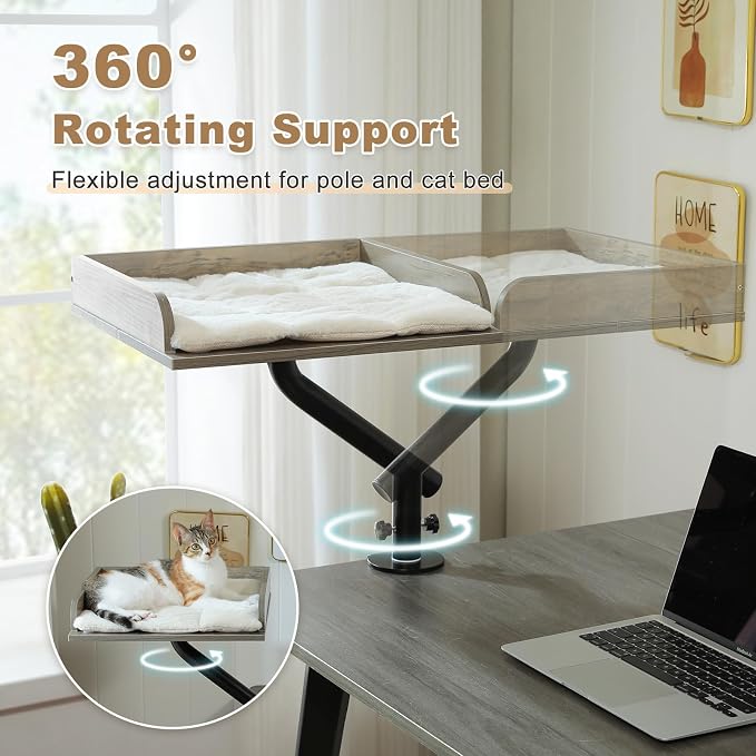 PAWZ Road Cat Desk Bed, Wooden Cat Bed for Desk Supports Up to 50 lbs, 360° Rotation & Adjustable, Nest Desktop Attachment Cats Hammock for Table, Gray - Image 5