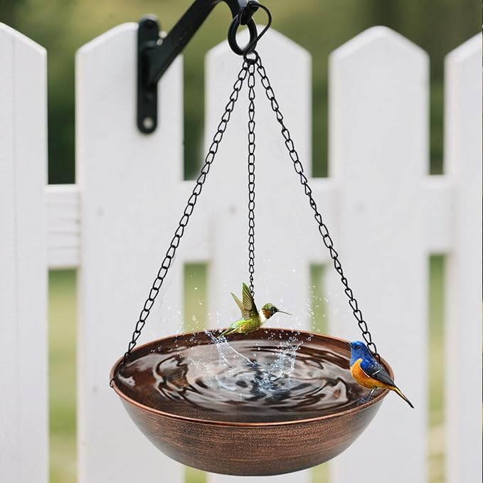 13" Metal Hanging Bird Bath with Chains and Hook | 3" Deep Bowl, 1.4Gal Capacity, 3 Chain Support, Easy Cleaning, Rust Resistant, Birdbath or Bird Feeder Garden Decor - Image 6