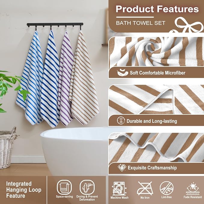 JML Microfiber Beach Towels Set of 4, 30" x 60", Cabana Stripe Coffee | Hanging Loop, Soft, Absorbent, Quick Dry Bath Towel for Summer Swimming Pool Party, Yoga, Camping - Image 3
