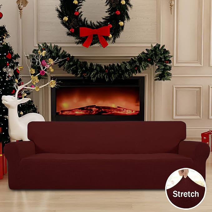 Easy-Going Stretch 4 Seater Oversized Sofa Couch Cover Wine | 1-Piece Extra X-large Sofa Cover Furniture Protector Couch Soft with Bottom for Kids, Spandex Jacquard - Image 2