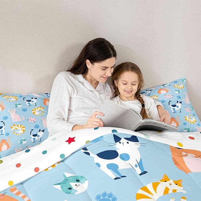 Feelyou Twin Size Cute Colorful Cat Bedding for Kids Teen Girls Room Decor Cat Comforter Set Kawaii Blue Pink Kitten Quilt Feline Paw Bed Sets Ultra Soft Microfiber with 2 Piece - Image 3