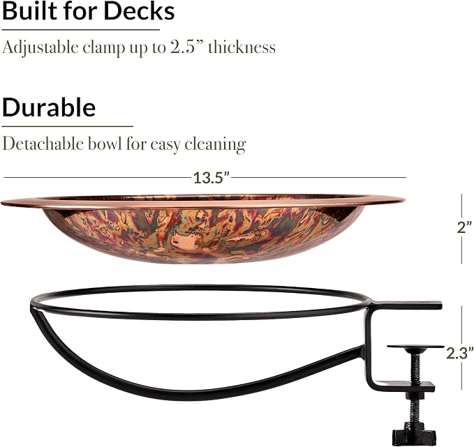 Good Directions Fired Copper Deck Mount Bird Bath Basin for Outside Backyard, Outdoor Patio, Garden, Feeder, Birdbath, Gift for Bird Lovers and Watchers, 13" Metal Bowl - Image 3