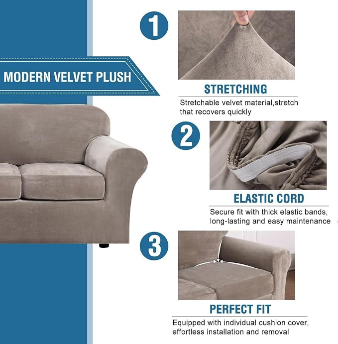 H.VERSAILTEX Rich Stretch 2 Piece Chair Cover Chair Slipcover Sofa Cover Furniture Protector Couch Soft with Elastic Bottom Chair Couch Cover with Arms Width Up to 49 Inch(Chair, Taupe) - Image 3