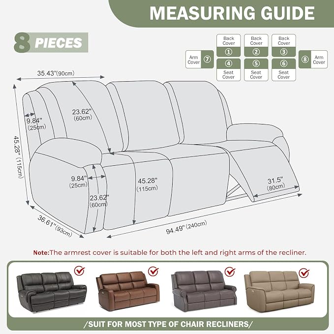 vctops Diamond Recliner Sofa Covers 8-Pieces Stretch Large Couch Covers for 3 Seats Reclining Slipcovers Soft Solid Furniture Protector (Greyish Green,3 Seat) - Image 2