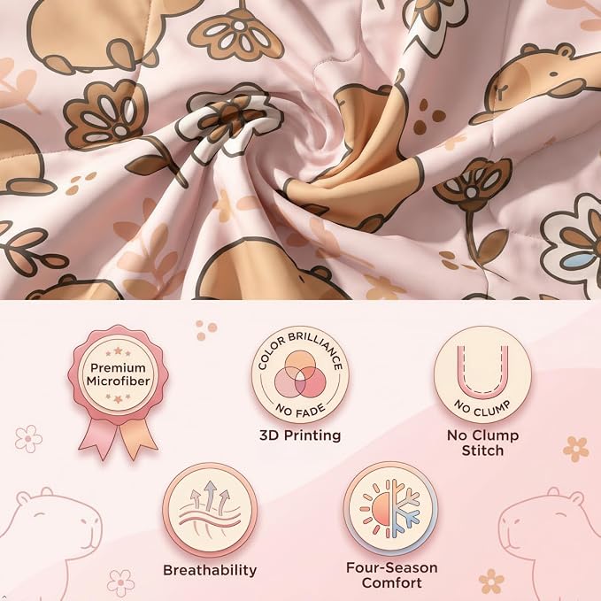 Erosebridal 7 Pcs Cartoon Capybara Bedding Set for Home, Cute Animals Queen Comforter Set with Sheets for Kids Boys Girls Women Men, Branches Bed in A Bag, Florals Bedding Comforter Sets, Pink - Image 4